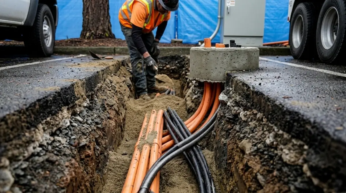 Lovett Services EV charging install crew on a commercial site in Portland, OR