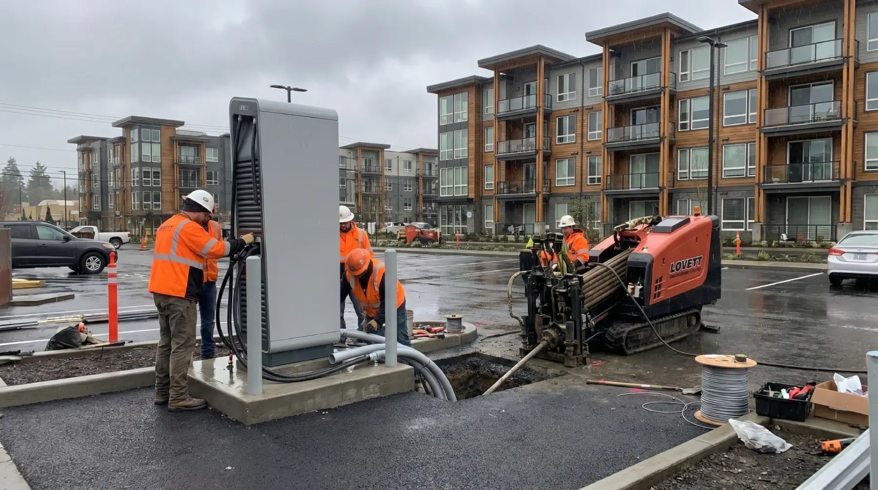 Lovett Services crew installing a commercial EV charger on a Portland property