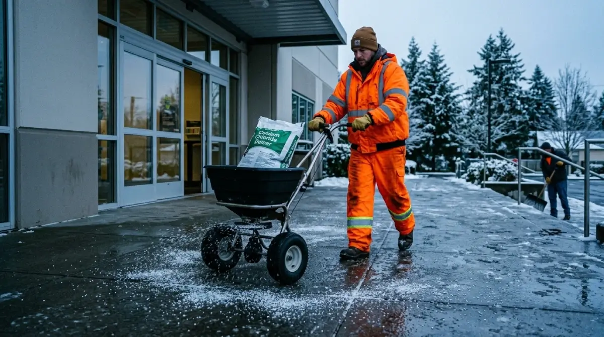 Lovett Services applying deicer on a commercial walkway after a Portland storm