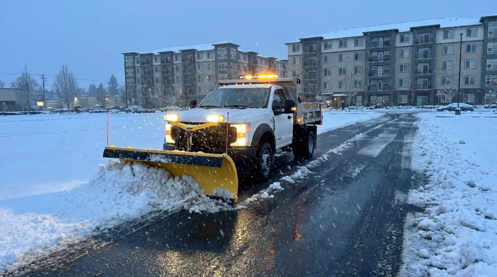 Lovett Services snow removal crew on a Portland commercial site